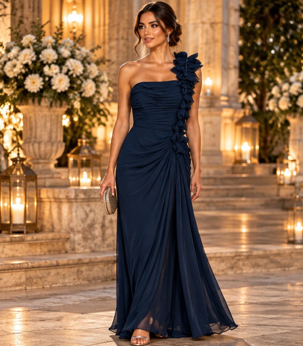 Tadashi Shoji Navy Silk One Shoulder Ruched Ruffle Chiffon Gown Sz 4 Formal Glam